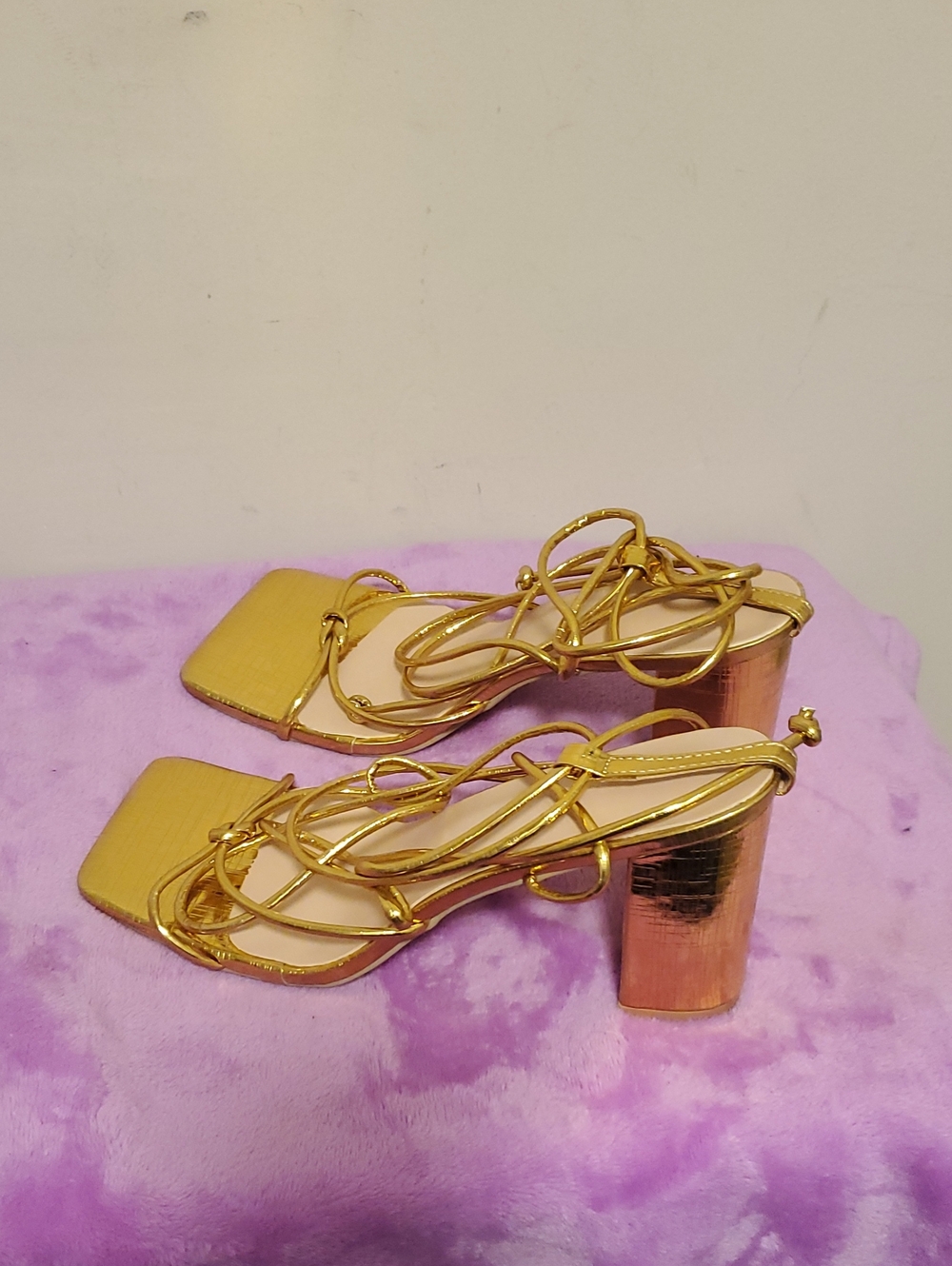Pretty Angel Metallic Gold Lace-Up Block Heel Sandals